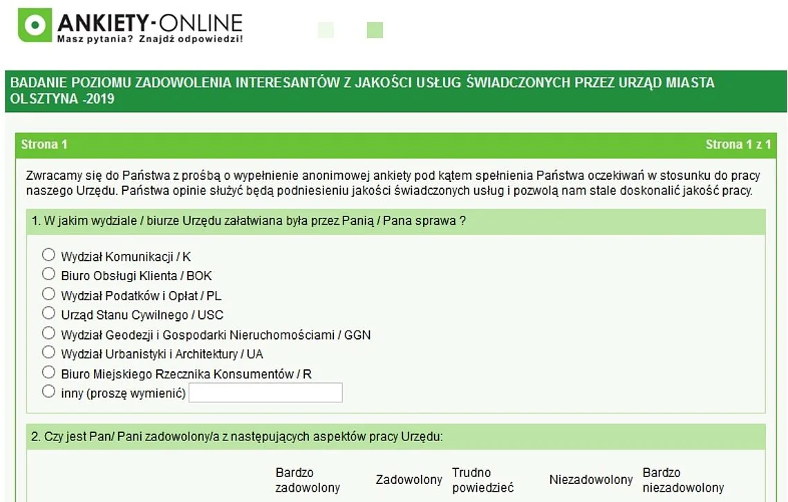 Ankieta oceniająca pracę Urzędu Miasta
